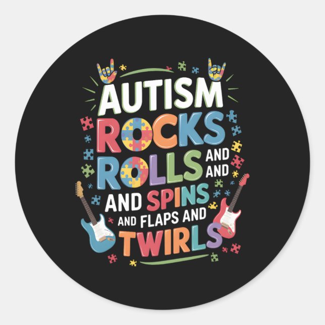 Autism Rocks Rolls Spins Flaps Awareness Boys Kids Classic Round Sticker (Front)
