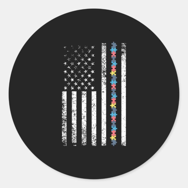 Autism Shirt American Flag Puzzle Classic Round Sticker (Front)