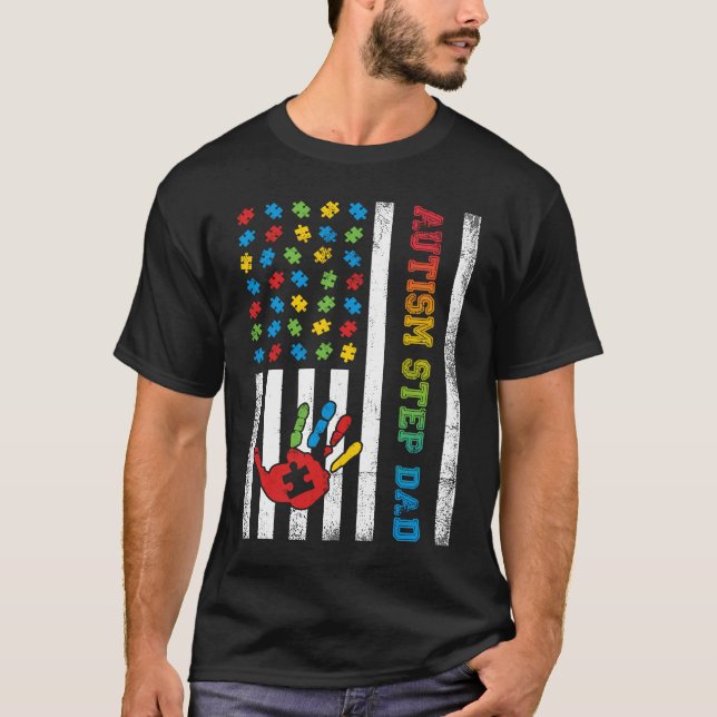 Autism Step Dad American Flag Autism Awareness T-Shirt (Front)