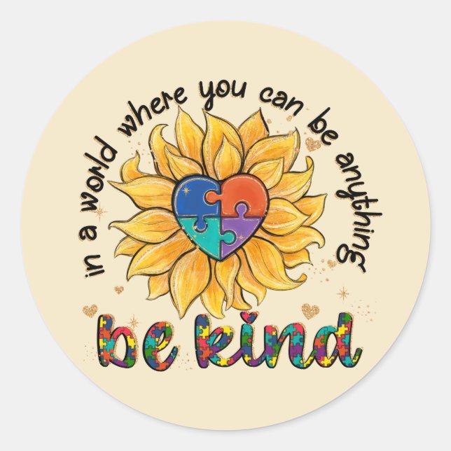 Autism Sunflower Be Kind Classic Round Sticker (Front)