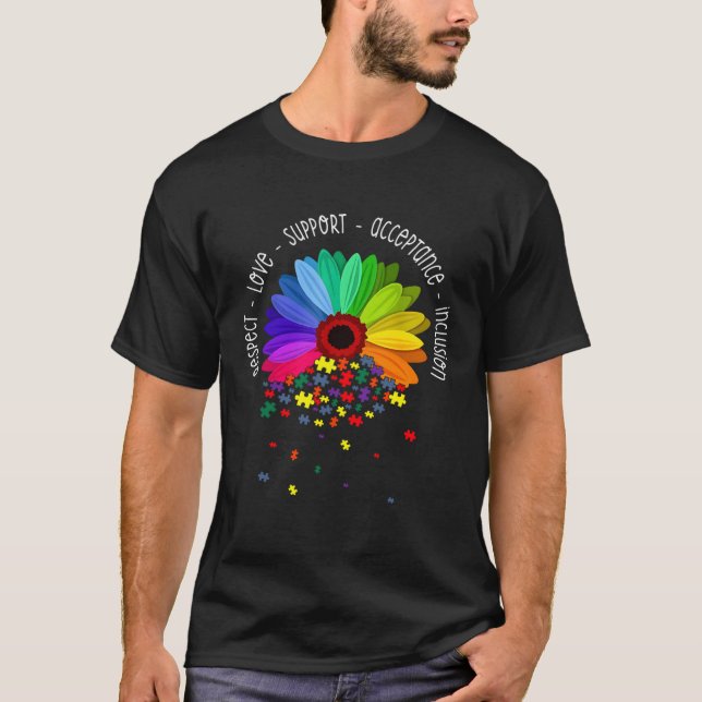 Autism Sunflower Respect Love Support Autism Aware T-Shirt (Front)