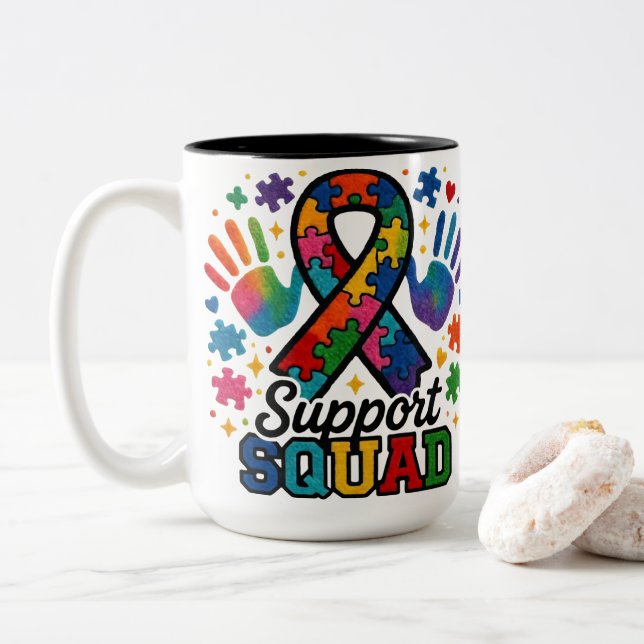 Autism Support Squad Puzzle Awareness Ribbon Two-Tone Coffee Mug (With Donut)