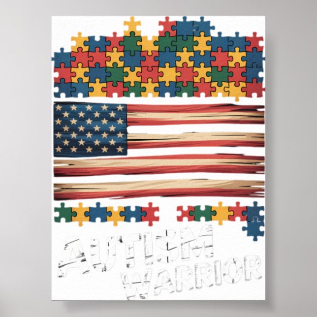 Autism Warrior Awareness Support USA Flag Neurodiv Poster (Front)