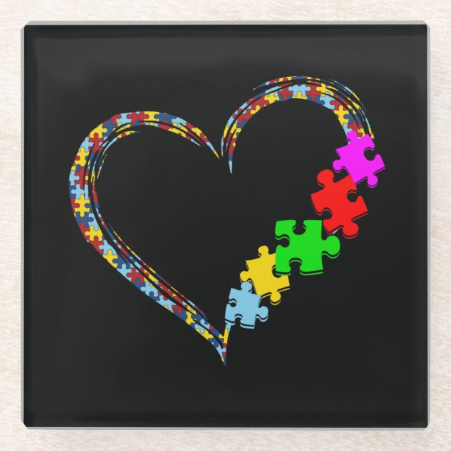 Autistic | Autism Awareness Heart Puzzle Piece Glass Coaster (Front)
