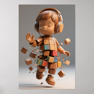 Autistic child boy wooden block body with coloured poster