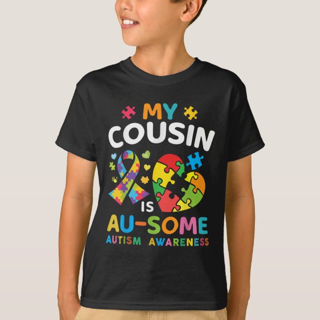 Autistic My Cousin Is Awesome Autism Awareness Blu T-Shirt (Front)