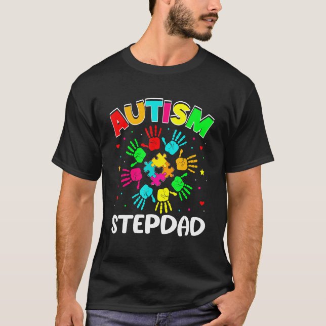 Autistic Stepdad Puzzle Support Family Autism Awar T-Shirt (Front)