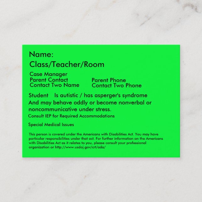 Autistic Student Card V2 (Front)