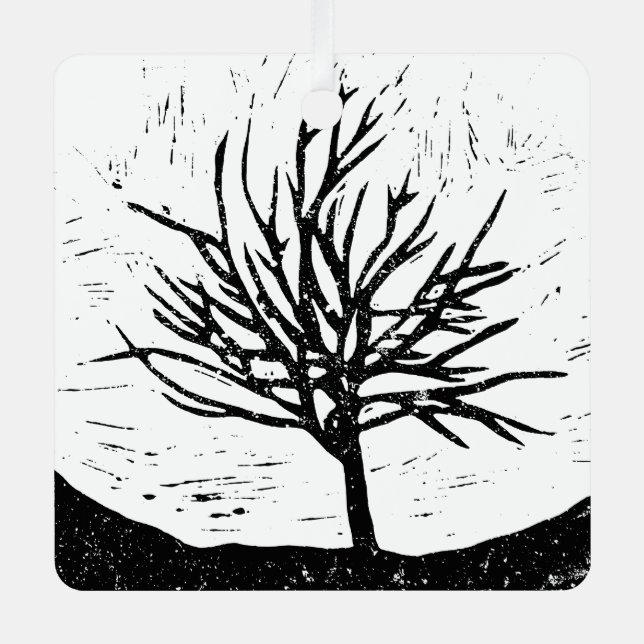 Autmnal Tree Lino Print  Metal Tree Decoration (Front)