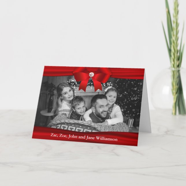 Auto Black and White Christmas Photo Red Ribbon Holiday Card (Front)