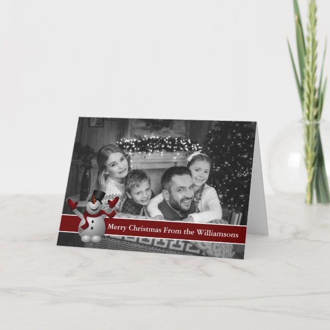 Auto Black and White Christmas Photo With Snowman Holiday Card (Front)