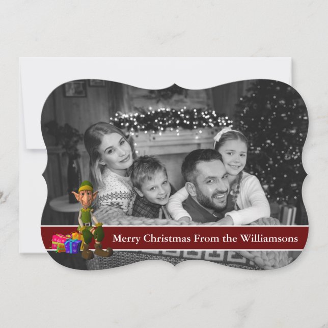 Auto Black and White Photo Elf Fancy Trim Holiday Card (Front)