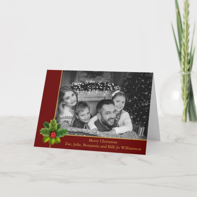 Auto Black and White Photo Holly Red Christmas Holiday Card (Front)
