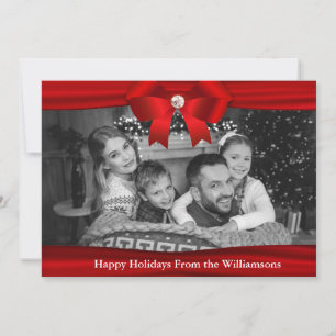 Auto Black and White Photo Red Ribbon Diamond Holiday Card