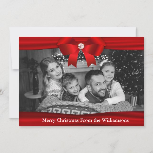 Auto Black and White Photo Red Ribbon Frame Holiday Card (Front)