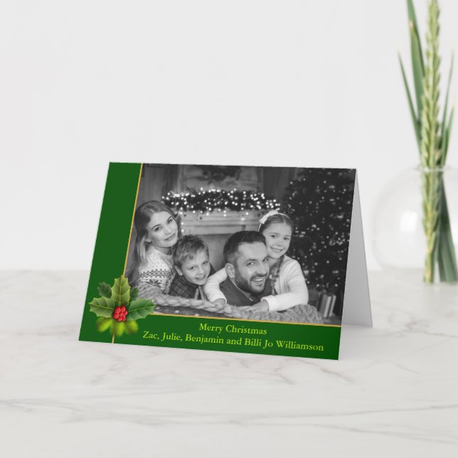 Auto Black and White Photo With Holly Christmas Holiday Card (Front)