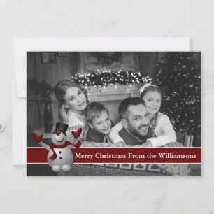 Auto Black and White With Snowman Red Text Band Holiday Card