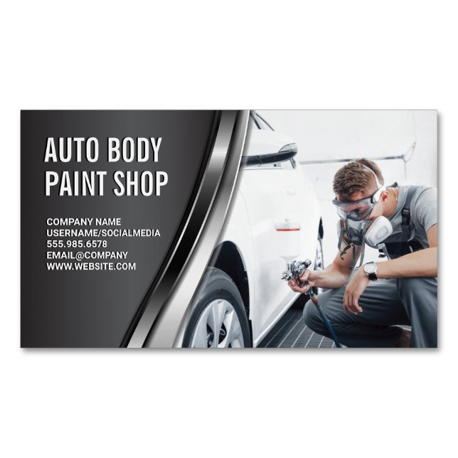 Auto Body Paint Garage Shop | Worker Spraying Magnetic Business Card (Front)