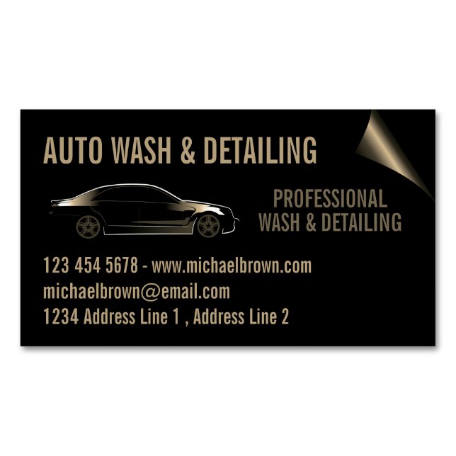 Auto Detail Cleaning Wash gold Magnetic Business Card (Front)