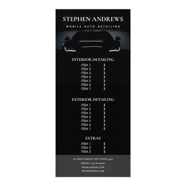 Auto Detailing Car Cleaning Repair Price List Rack Card (Front)