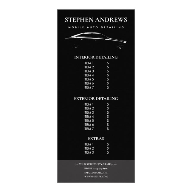 Auto Detailing Cleaning Auto Repair Price List  Rack Card (Front)