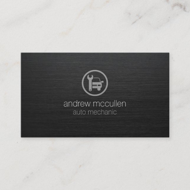 Auto Mechanic Car Wrench Icon Dark Brushed Metal Business Card (Front)