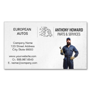 Auto Mechanic Holding Wrench   Car Parts Services Magnetic Business Card