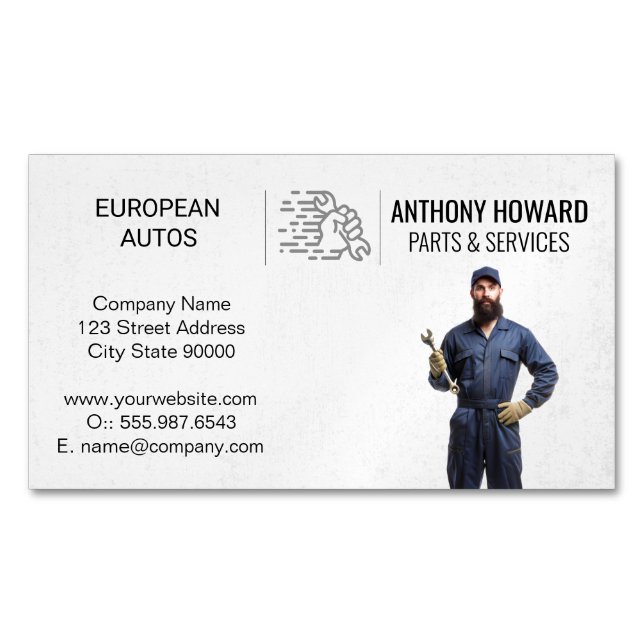 Auto Mechanic Holding Wrench | Car Parts Services Magnetic Business Card (Front)