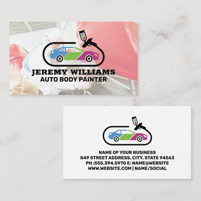Auto Paint Logo | Skilled Worker Working on Car Business Card (Front/Back)