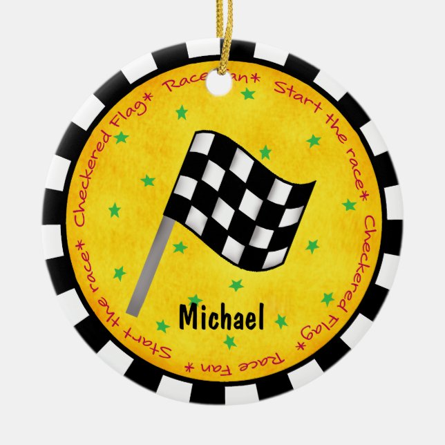 Auto Race Fan Chequered Flag Name Year Customised Ceramic Tree Decoration (Front)