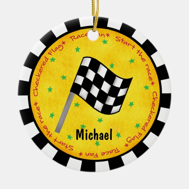Auto Race Fan Chequered Flag Name Year Customised Ceramic Tree Decoration (Front)