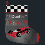 Auto Racing and Chequered Large Christmas Stocking<br><div class="desc">Personalise this stocking by adding a name to this racing stocking with chequered flags and chalkboard background.</div>