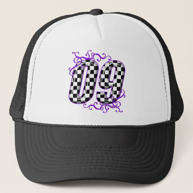 auto racing number 09 purple trucker hat (Front)