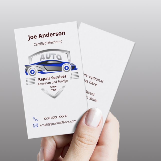 Auto Repair Blue and Silver Car Logo Business Card (Creator Uploaded)