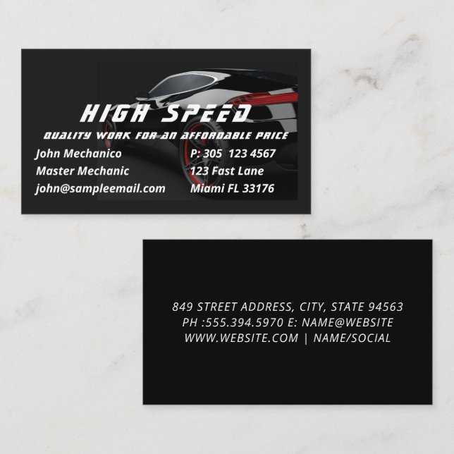 Auto Repair Car Black Automotive Mechanic Business Card (Front/Back)