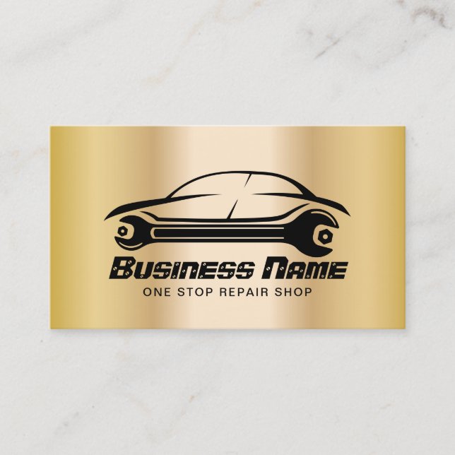 Auto Repair Car & Wrench Gold Automotive Mechanic Business Card (Front)