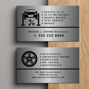 Auto repair professional mechanic silver metal business card