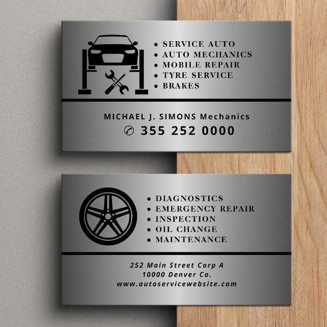 Auto repair professional mechanic silver metal business card (Creator Uploaded)