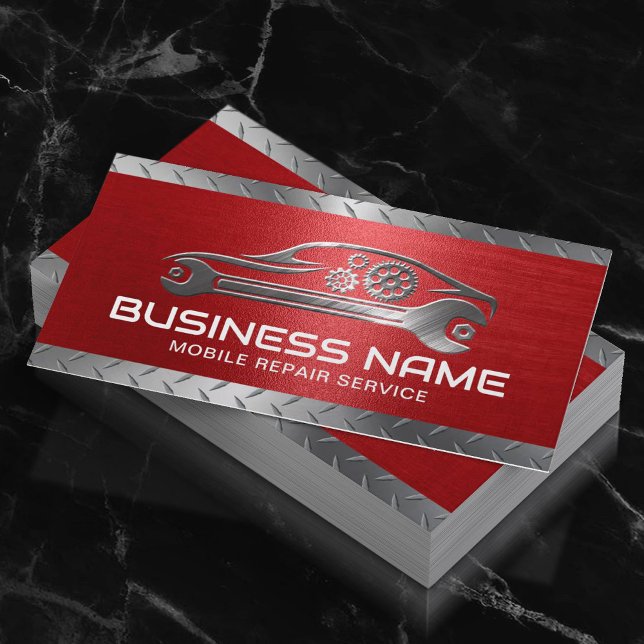Auto Repair Professional Red Metal Automotive Business Card (Creator Uploaded)