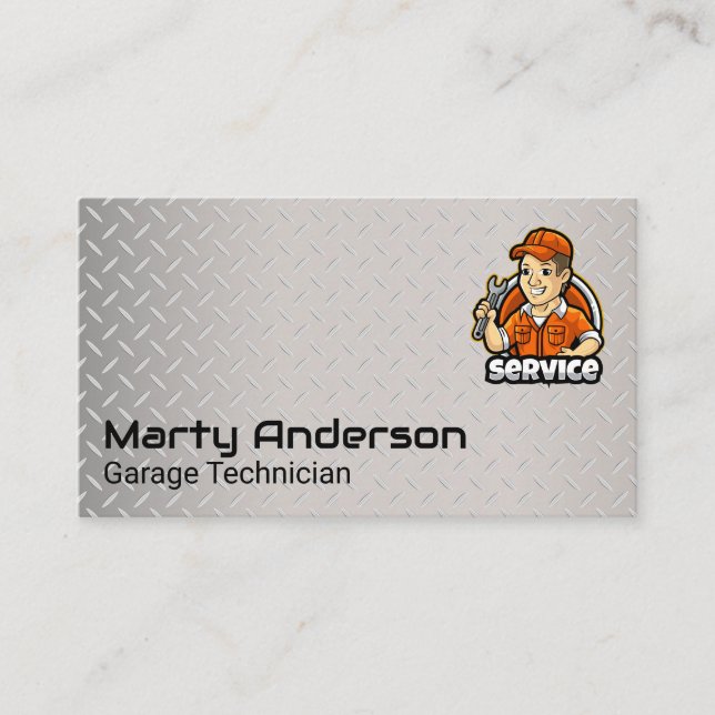 Auto Repair Shop | Mechanic Holding Wrench Business Card (Front)
