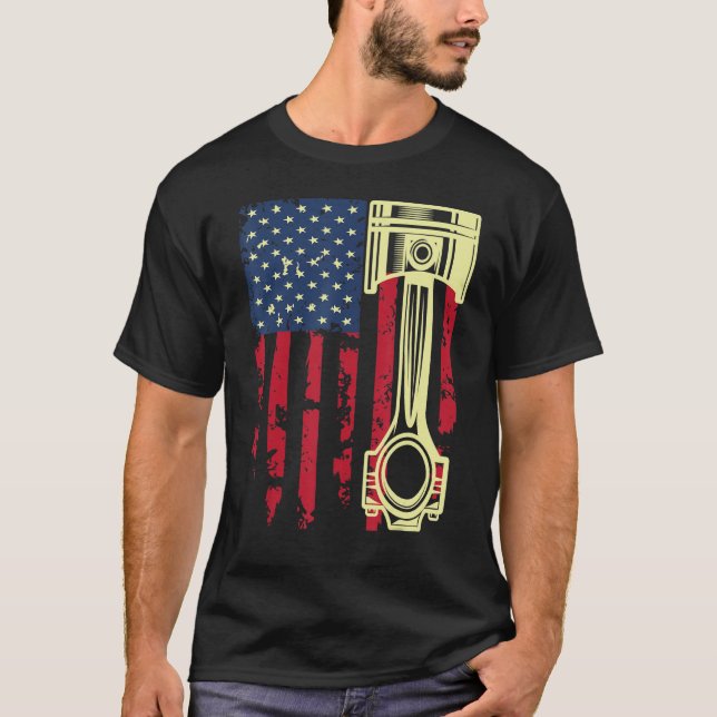 Auto Repairman Car Mechanic Tools Piston USA Flag  T-Shirt (Front)