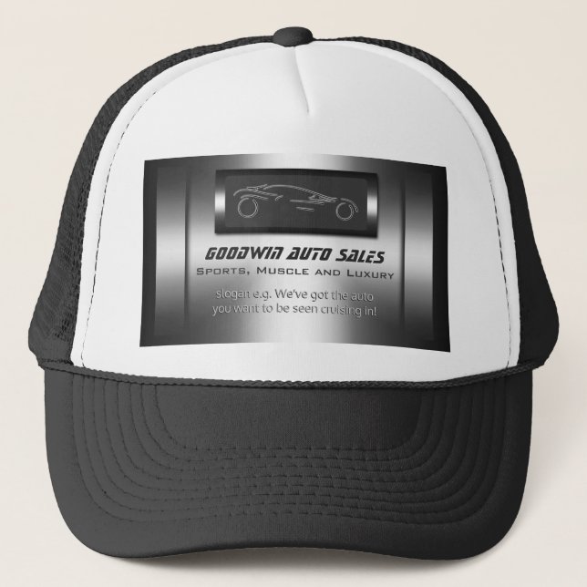 Auto Sales Giveaway - faux metal, silver auto Trucker Hat (Front)