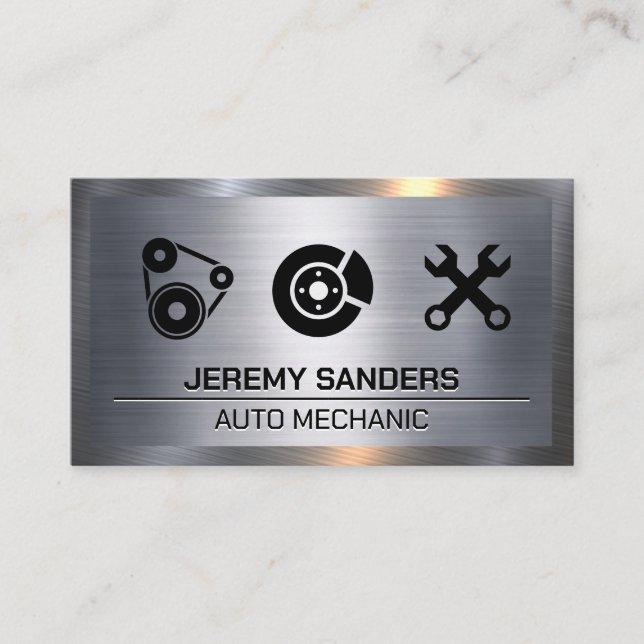 Auto Service Icons | Metallic Background Business Card (Front)