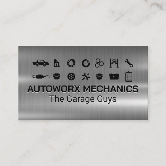 Auto Services Icons | Metallic Business Card (Front)