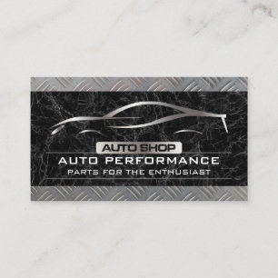 Auto Shop Metallic Car Logo   Black Marble Metal Business Card