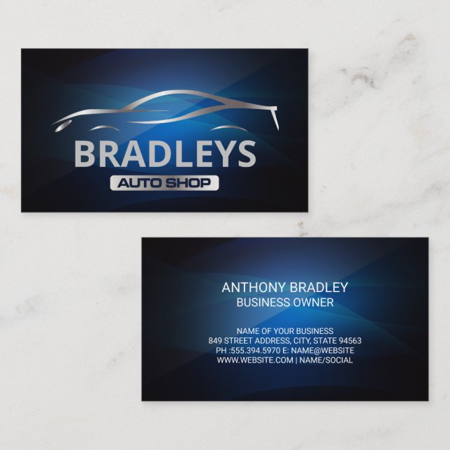 Auto Sports Car Logo | Blue Black Background Business Card (Front/Back)