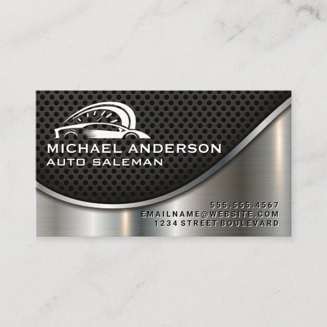 Auto Sports Car Logo | Industrial Metallic Business Card (Front)