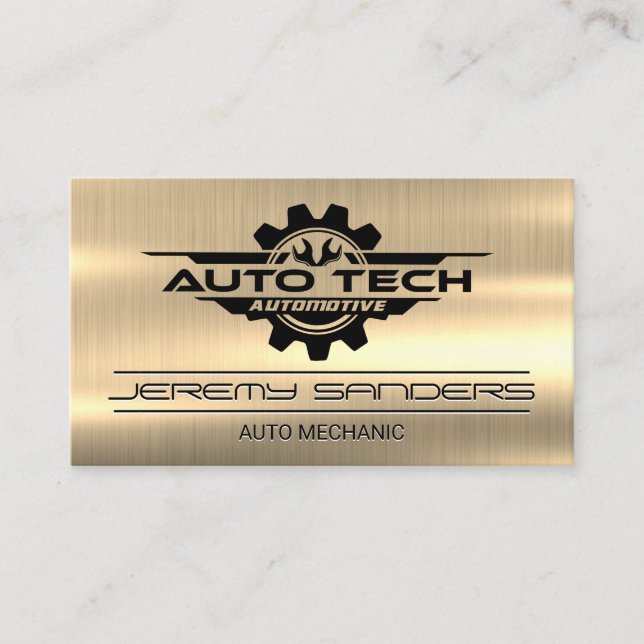 Auto Tech Wrenches Gear Mechanic | Gold Metal  Business Card (Front)