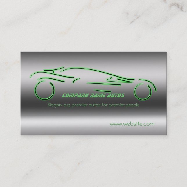 Auto trade Car - Green Sportscar on steel-effect Business Card (Front)