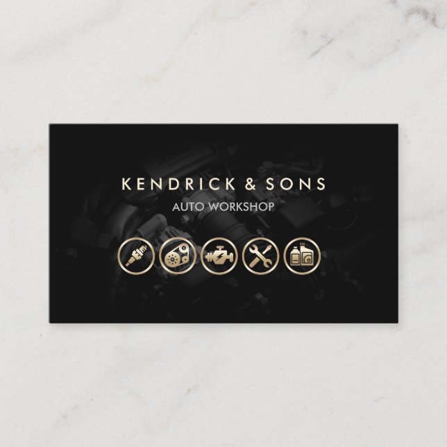 Auto Workshop Mechanic Car Repair Gold Icons Business Card (Front)